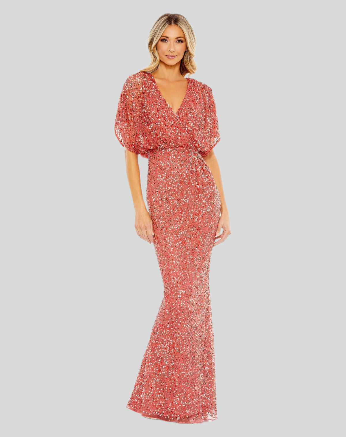 Mac Duggal #5640 Draped Sleeve V Neck Gown paprika