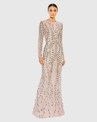 Mac Duggal #5644 Embellished Illusion High Neck Long Sleeve Gown Mocha