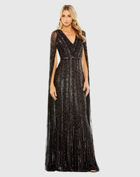 Mac Duggal #5915 Sequined V-Neck Gown with Cape Sleeves - Blackberry