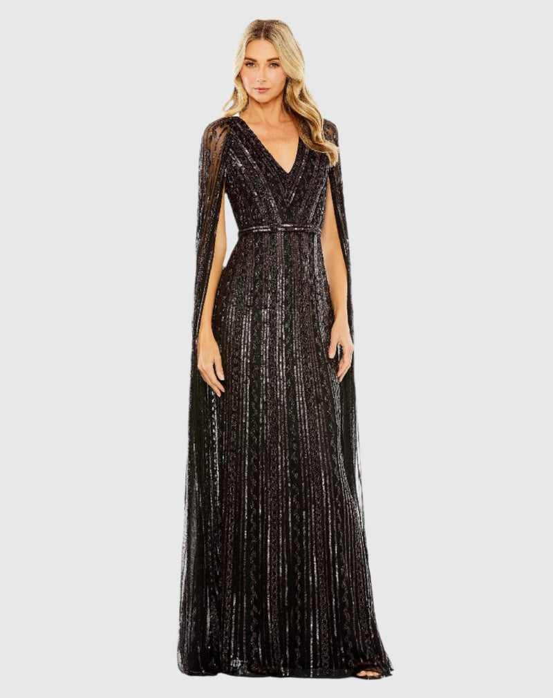 Mac Duggal #5915 Sequined V-Neck Gown with Cape Sleeves - Blackberry