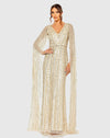 Mac Duggal #5915 Sequined V-Neck Gown with Cape Sleeves - Nude Silver