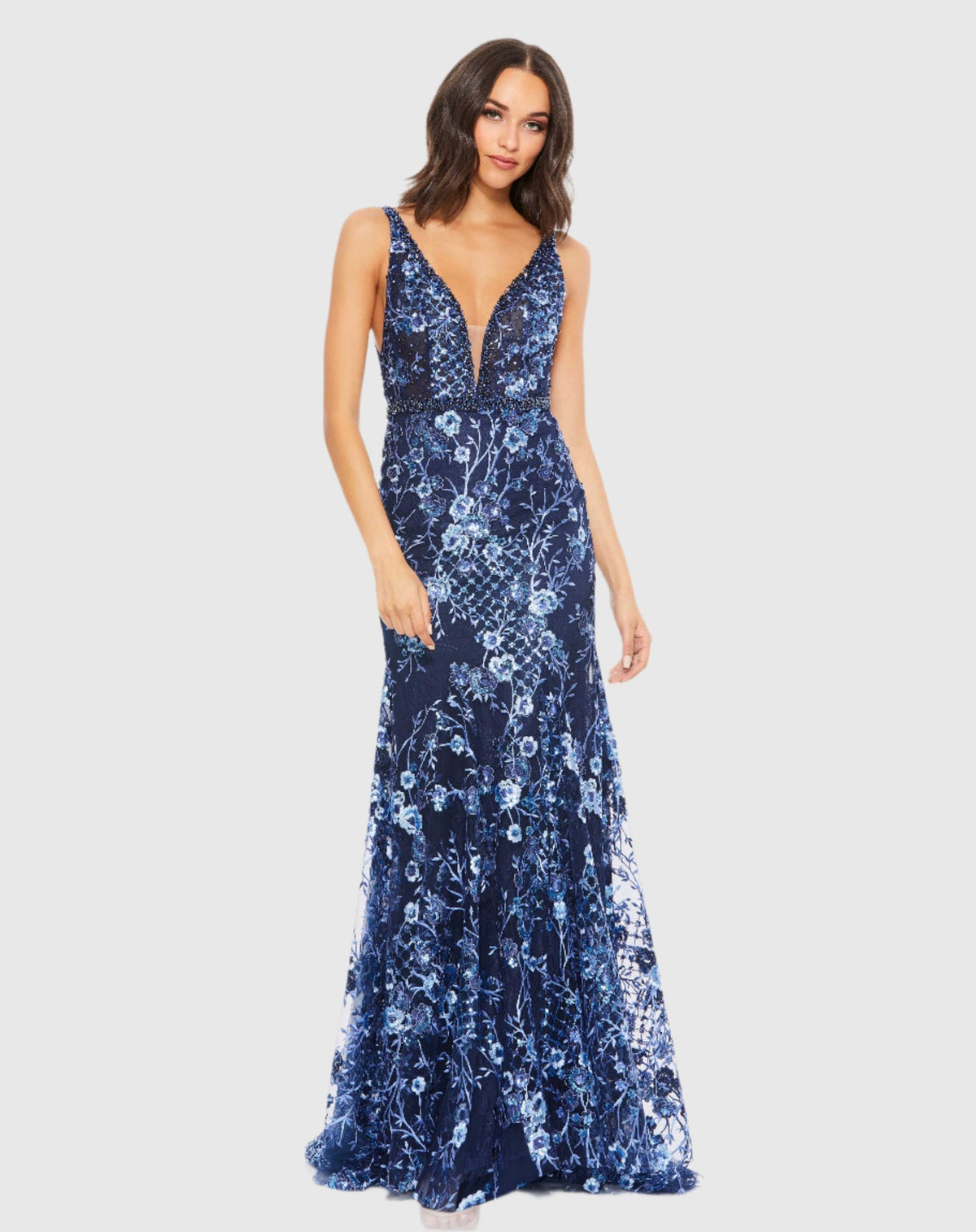 Mac Duggal #67481 Floral Embellished Sleeveless Gown - Navy