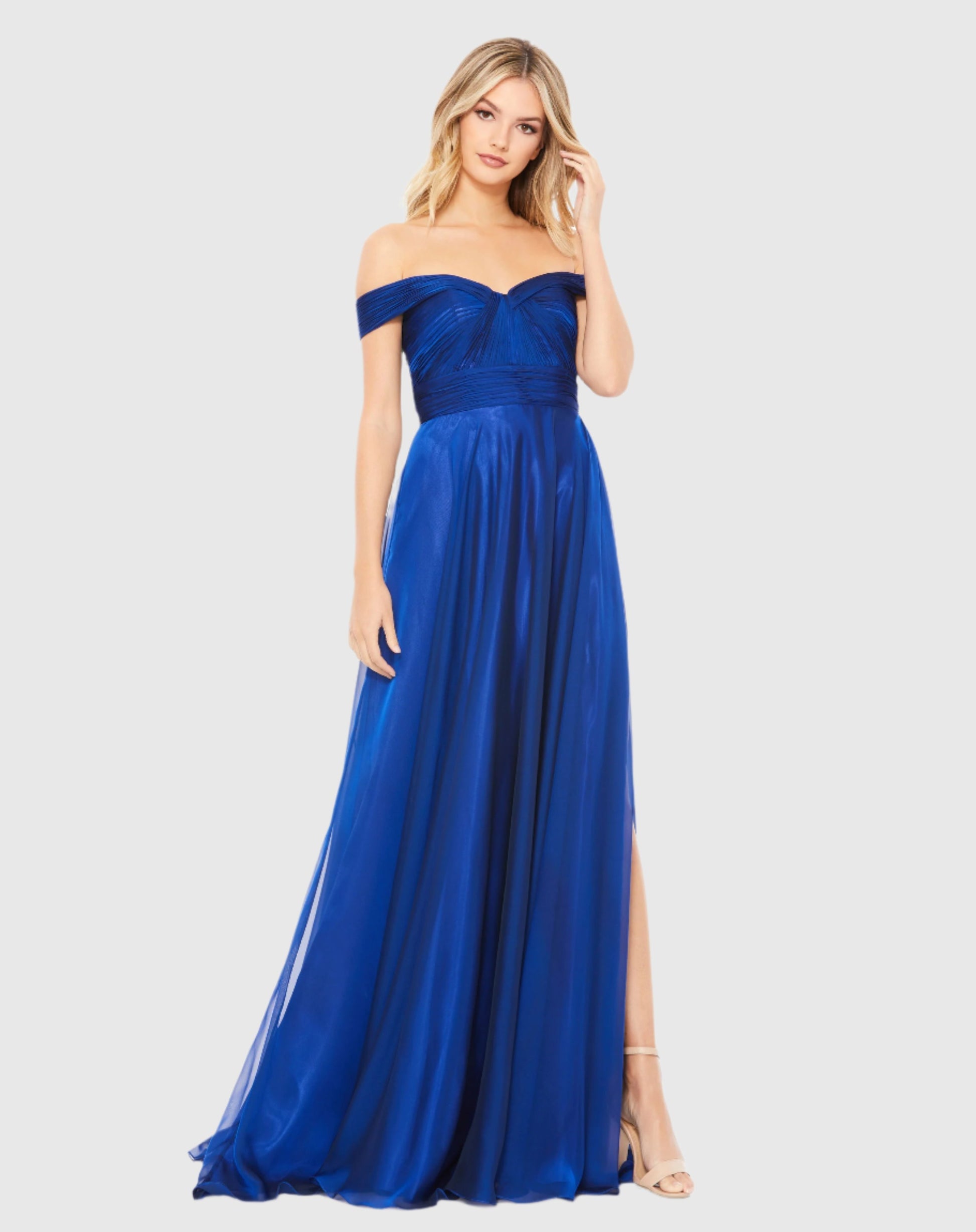 Off The Shoulder Ruched A Line Gown Sapphire