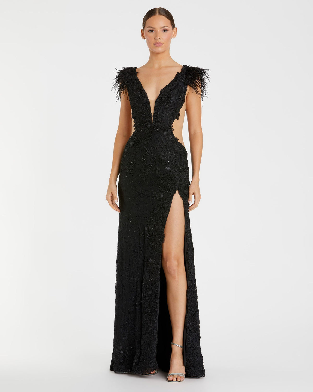 Mac Duggal #67782& Feather Cap Sleeve Lace Gown - Black