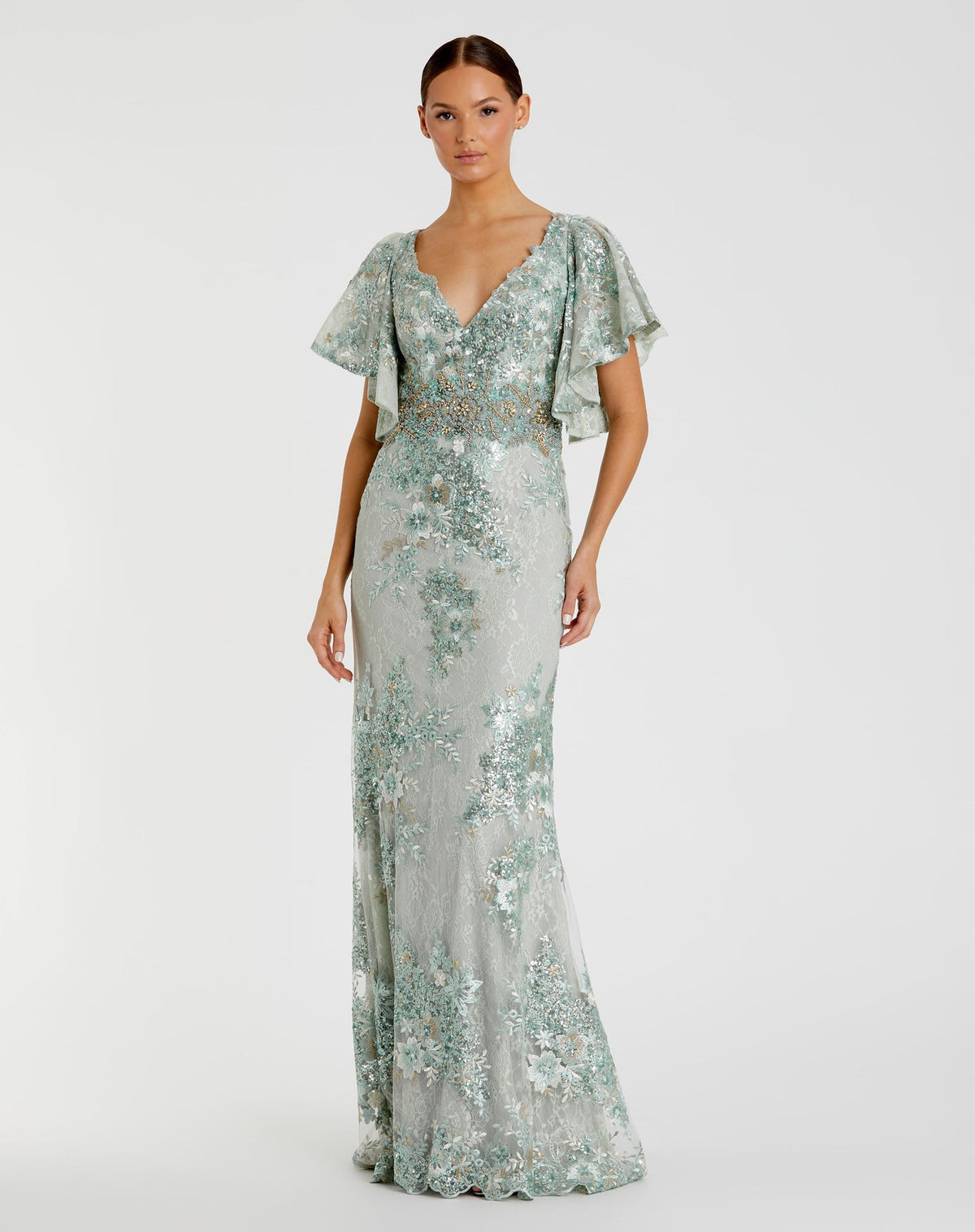 Mac Duggal #67842 Bell Sleeve Floral Embellished Gown - Seafoam