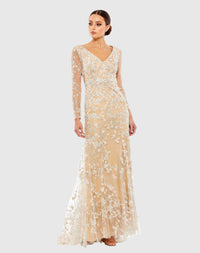 Mac Duggal #70239 Embroidered V Neck Long Sleeve Trumpet Gown