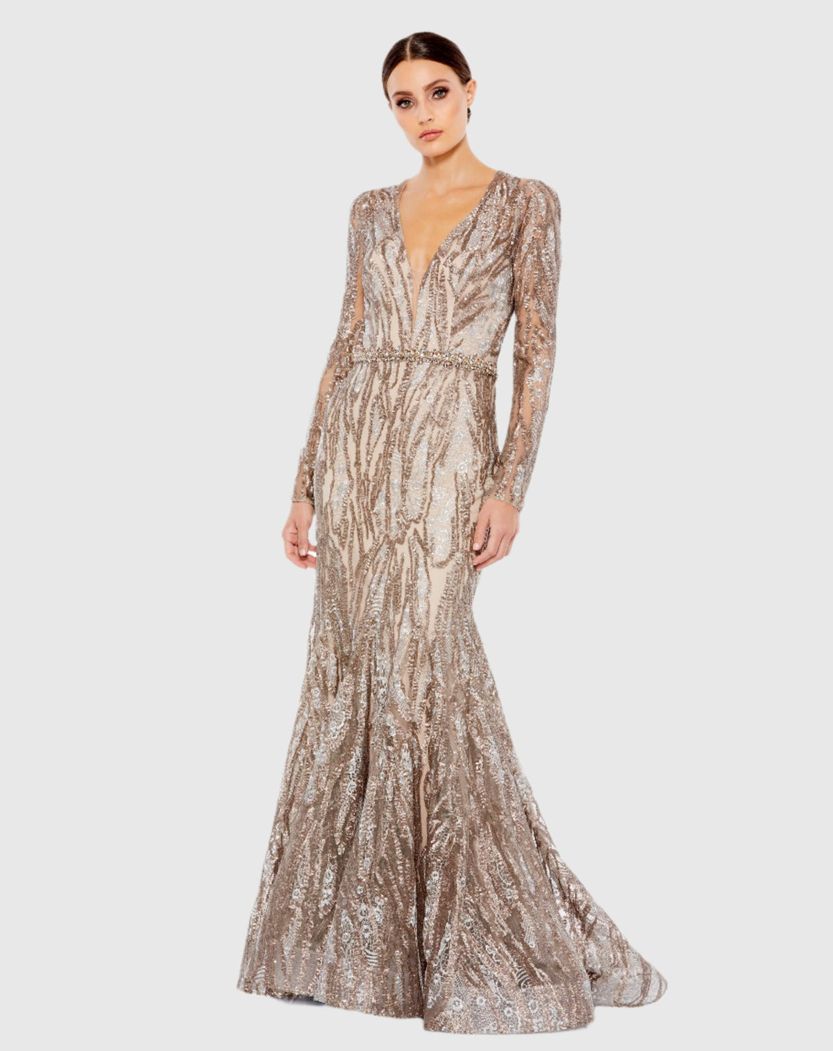 Mac Duggal #79358 Embellished Long Sleeve Plunge Neck Trumpet Gown Taupe