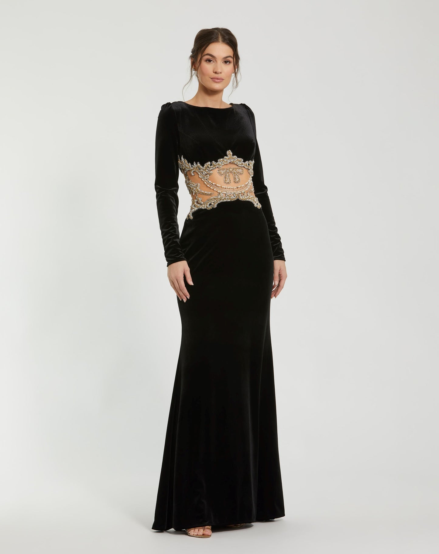 Mac Duggal #79445 Long Draped Sleeve Sheer Embellished Detail Gown