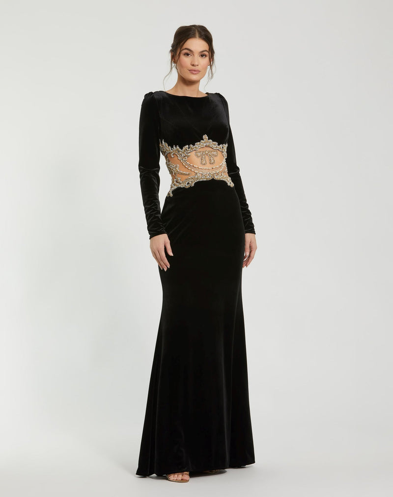 Mac Duggal #79445 Long Draped Sleeve Sheer Embellished Detail Gown