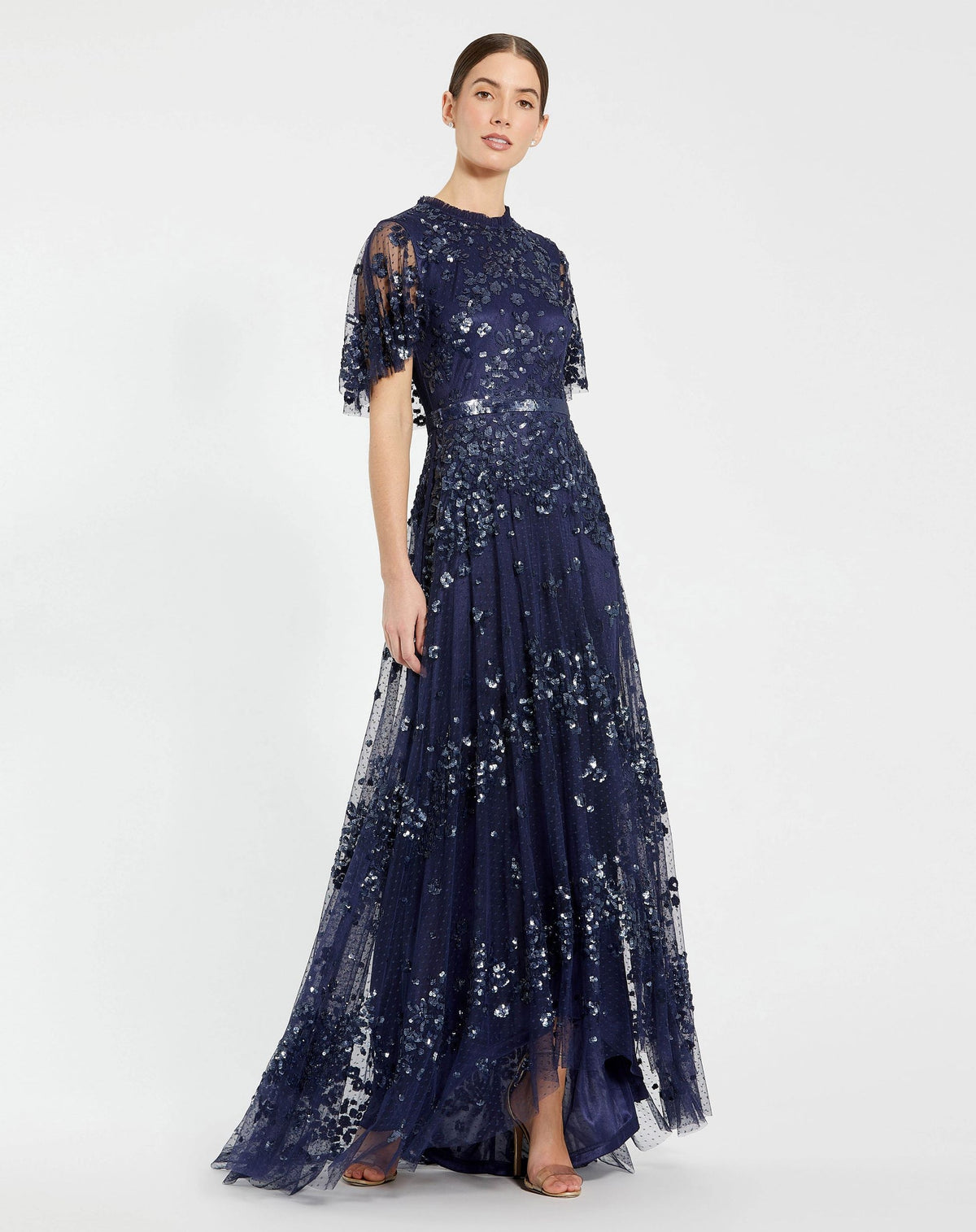 Mac Duggal #9192 Sequined High Neck Flutter Sleeve A Line Gown, Midnight