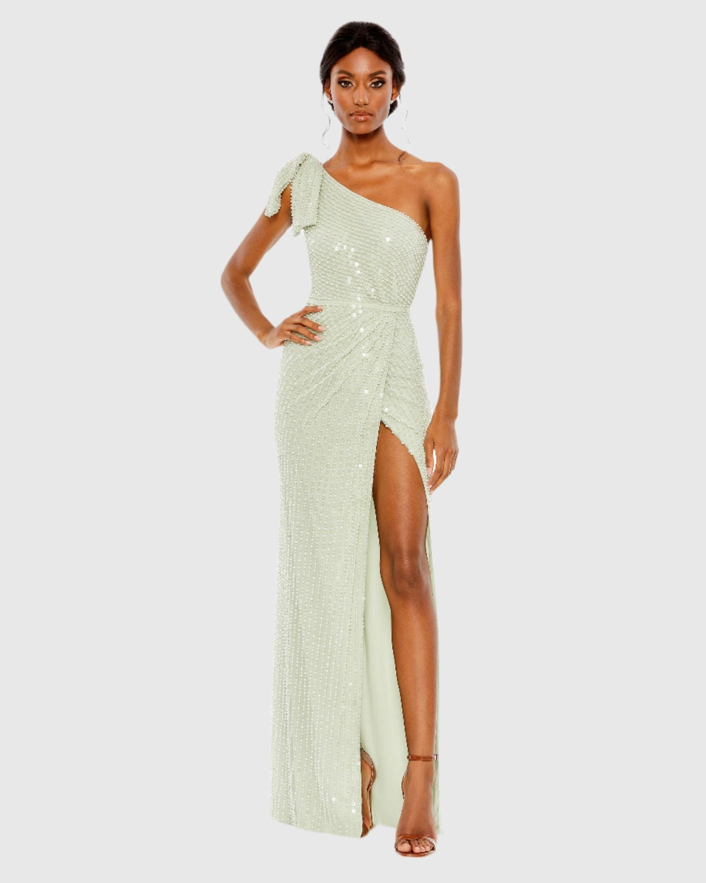 Mac Duggal 93735 Pearl Embellished Soft Tie One Shoulder Gown Mint 10 Off Your First Order Shaide Shop Women s Evening Dresses Online SHAIDE BOUTIQUE