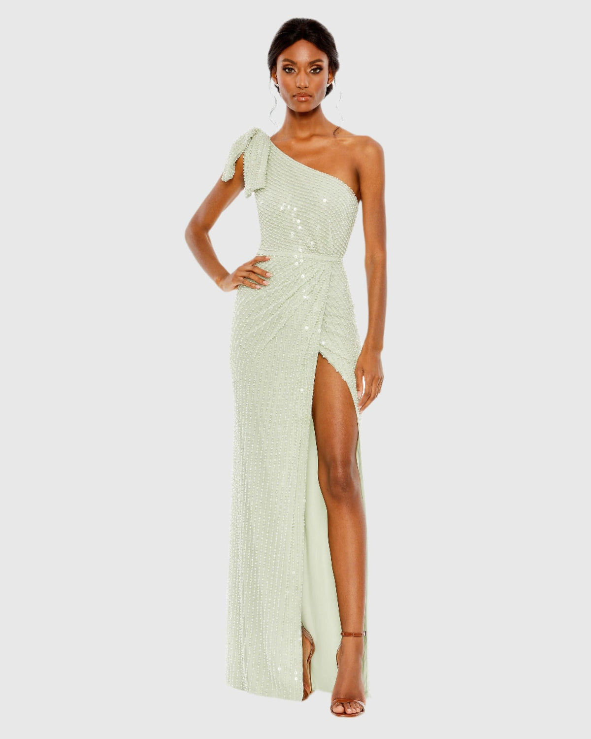 Mac Duggal #93735 Pearl Embellished Soft Tie One Shoulder Gown Mint