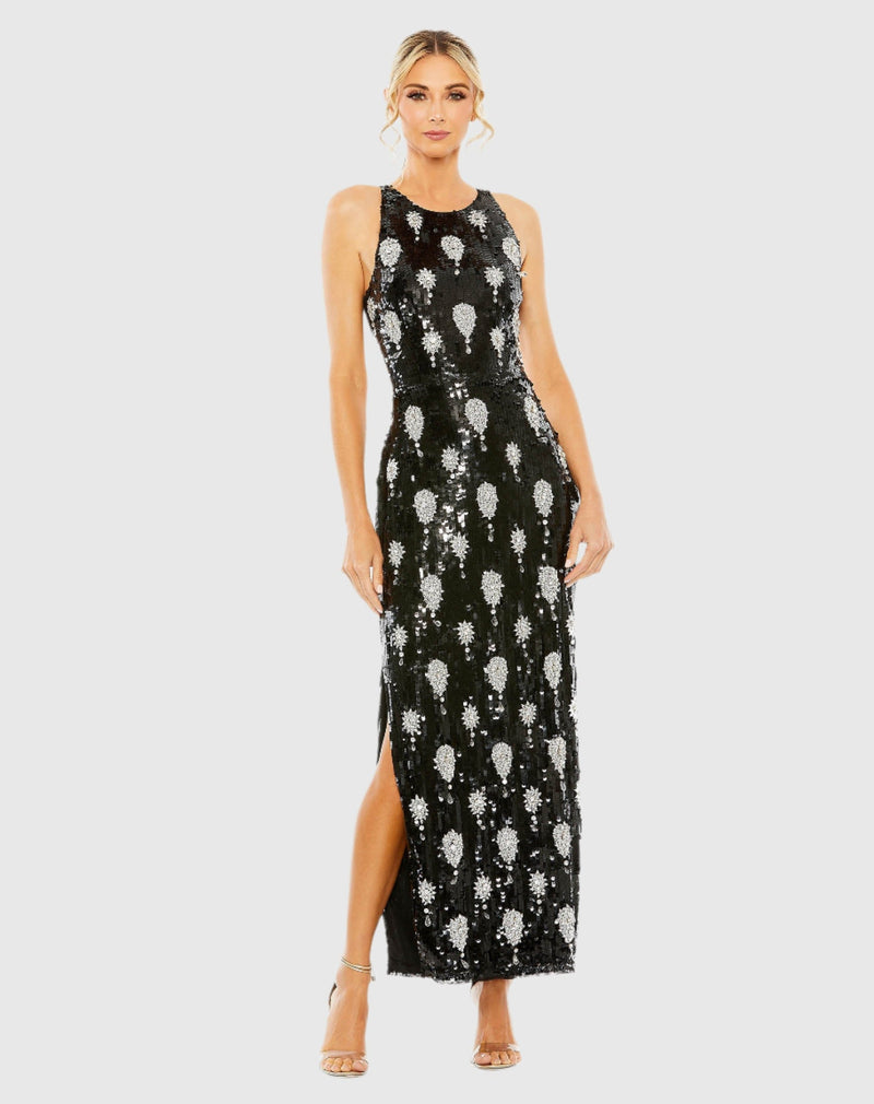 Overlay Sequin Floral Detail Gown - Black