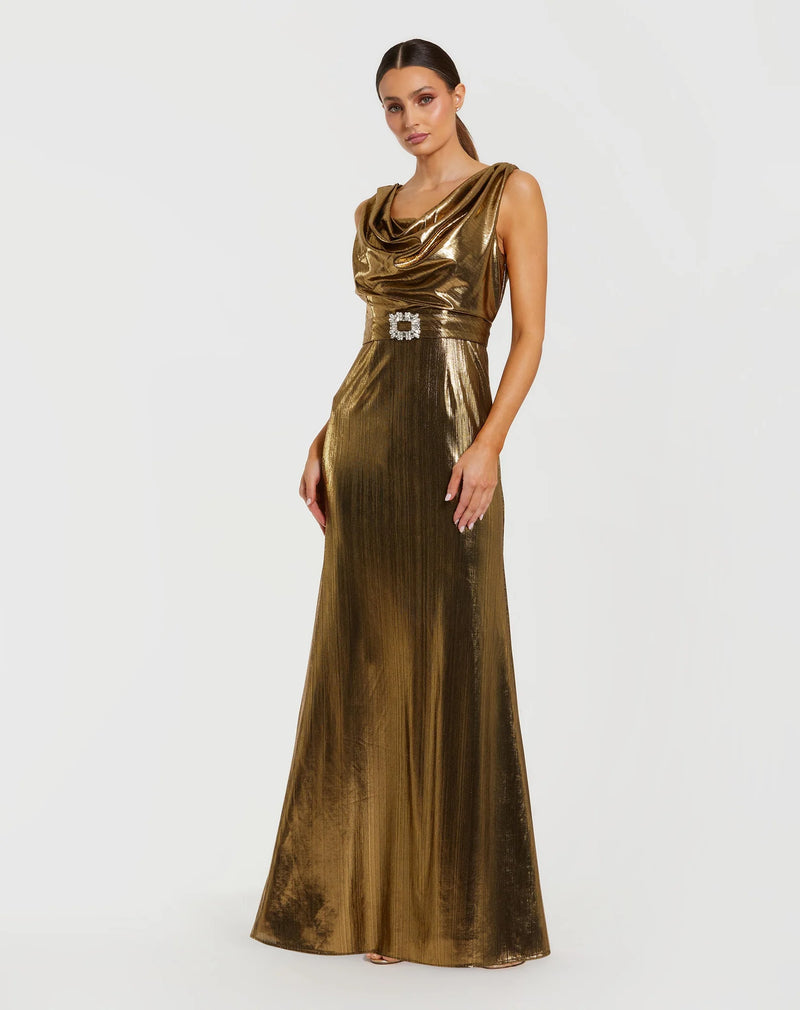 Mac Duggal Antique Gold Metallic Sleeveless Cowl Neck Trumpet Gown With Belt #27715