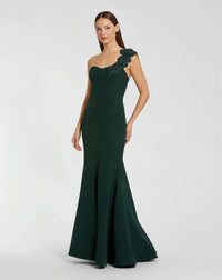 Mac Duggal Dark Green Crepe One Shoulder Beaded Flower Mermaid Gown #11851