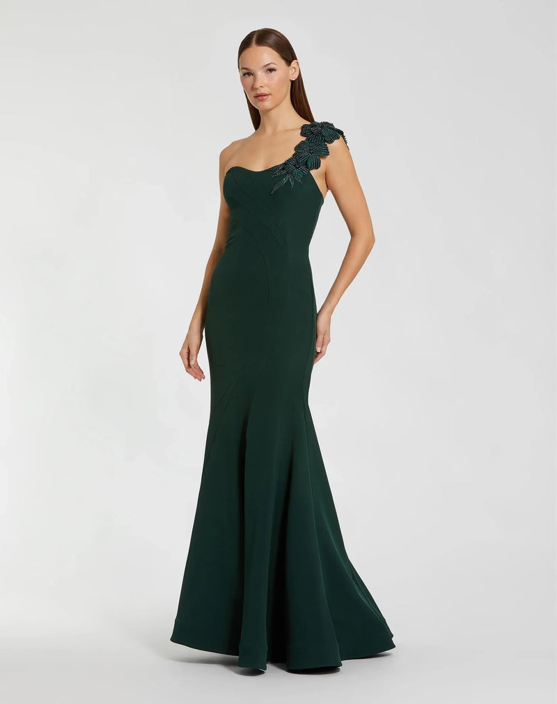Mac Duggal Dark Green Crepe One Shoulder Beaded Flower Mermaid Gown #11851
