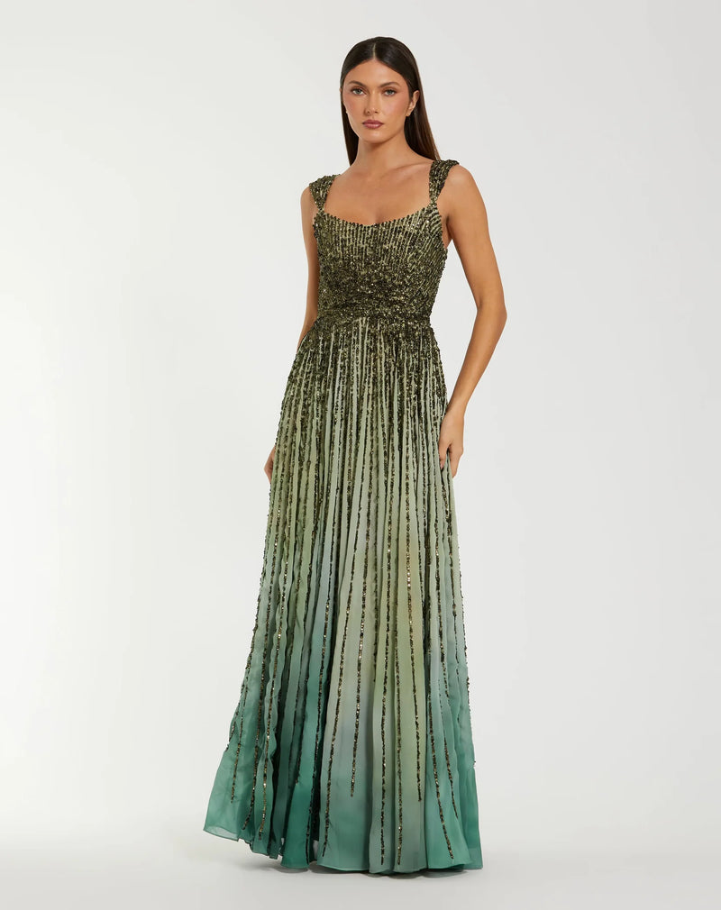 Mac Duggal Green Sleeveless Sequin A Line Ombre Gown #6205