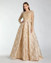 Mac Duggal Light Gold Long Sleeve Beaded Brocade Skirt Ball Gown #21181