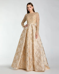 Mac Duggal Light Gold Long Sleeve Beaded Brocade Skirt Ball Gown #21181