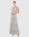 Mac Duggal #9068 Ruffle Tiered Embellished Flutter Sleeve Gown - Platinum