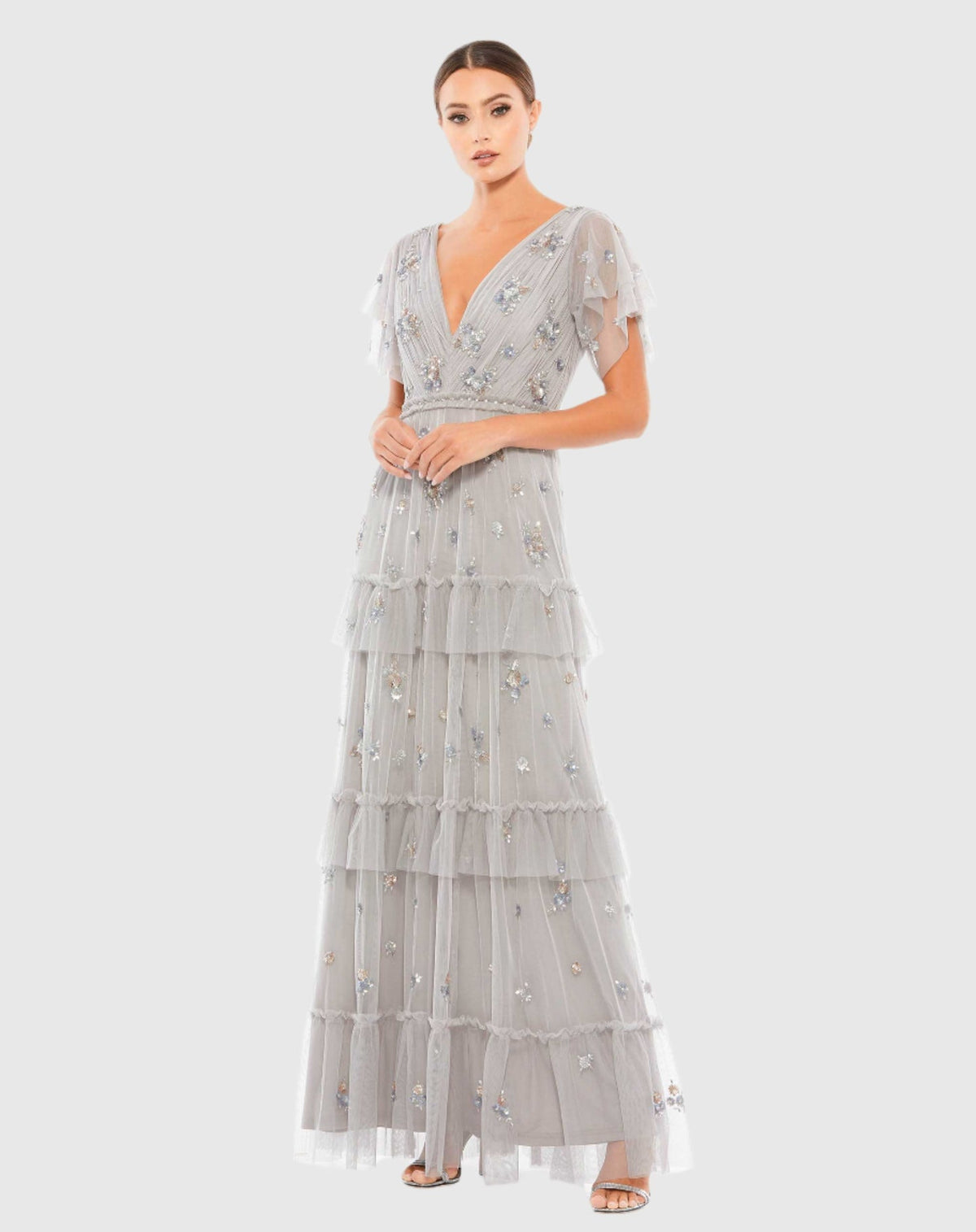 Mac Duggal #9068 Ruffle Tiered Embellished Flutter Sleeve Gown - Platinum