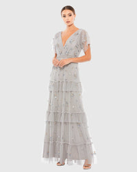 Mac Duggal #9068 Ruffle Tiered Embellished Flutter Sleeve Gown - Platinum