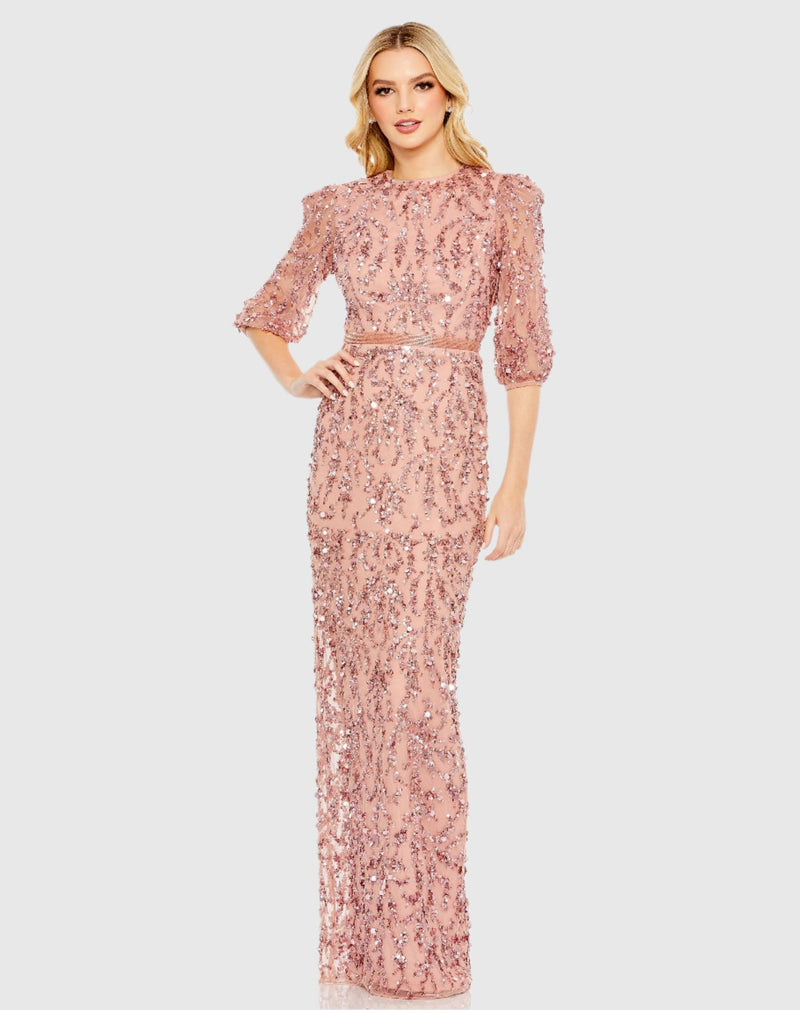 Mac Duggal, Sequin Detail Modest Column Gown - Rosewood