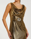 Mac Duggal Antique Gold Metallic Sleeveless Cowl Neck Trumpet Gown With Belt #27715