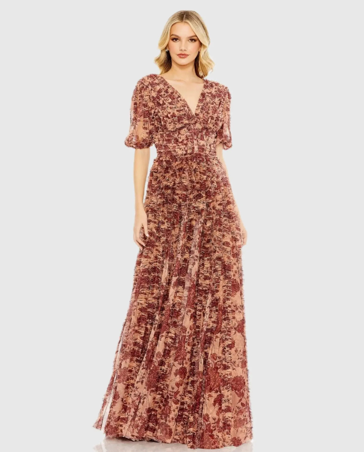Mac Duggal Mesh V-Neck Floral Dress #A8013 Beige Multi