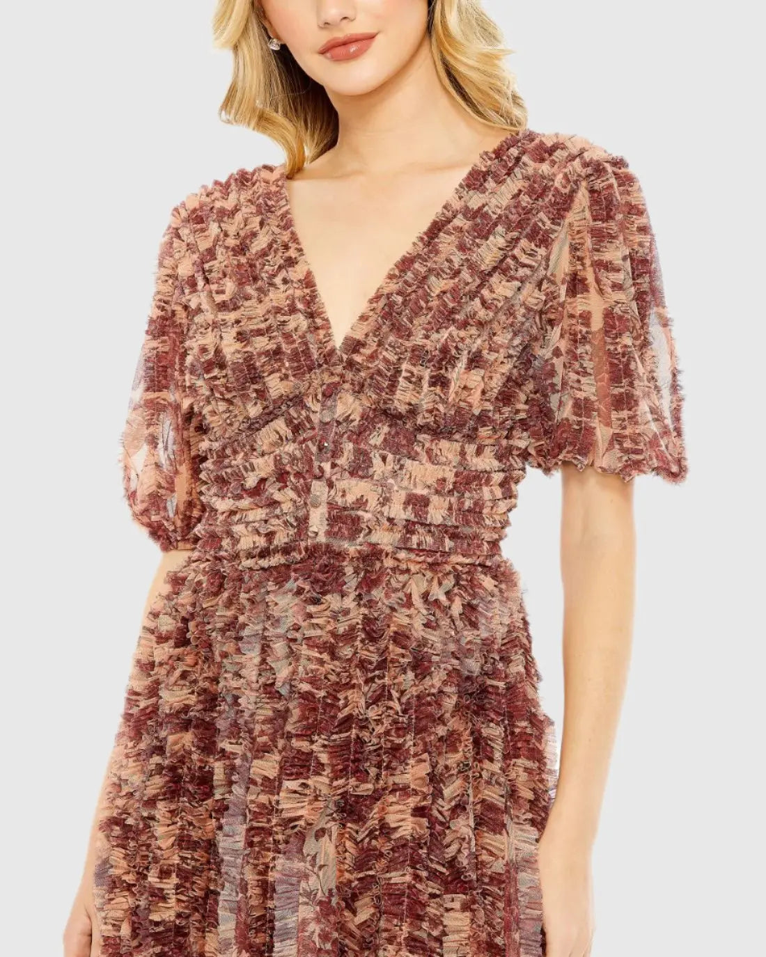 Mesh V-Neck Floral Dress - Beige