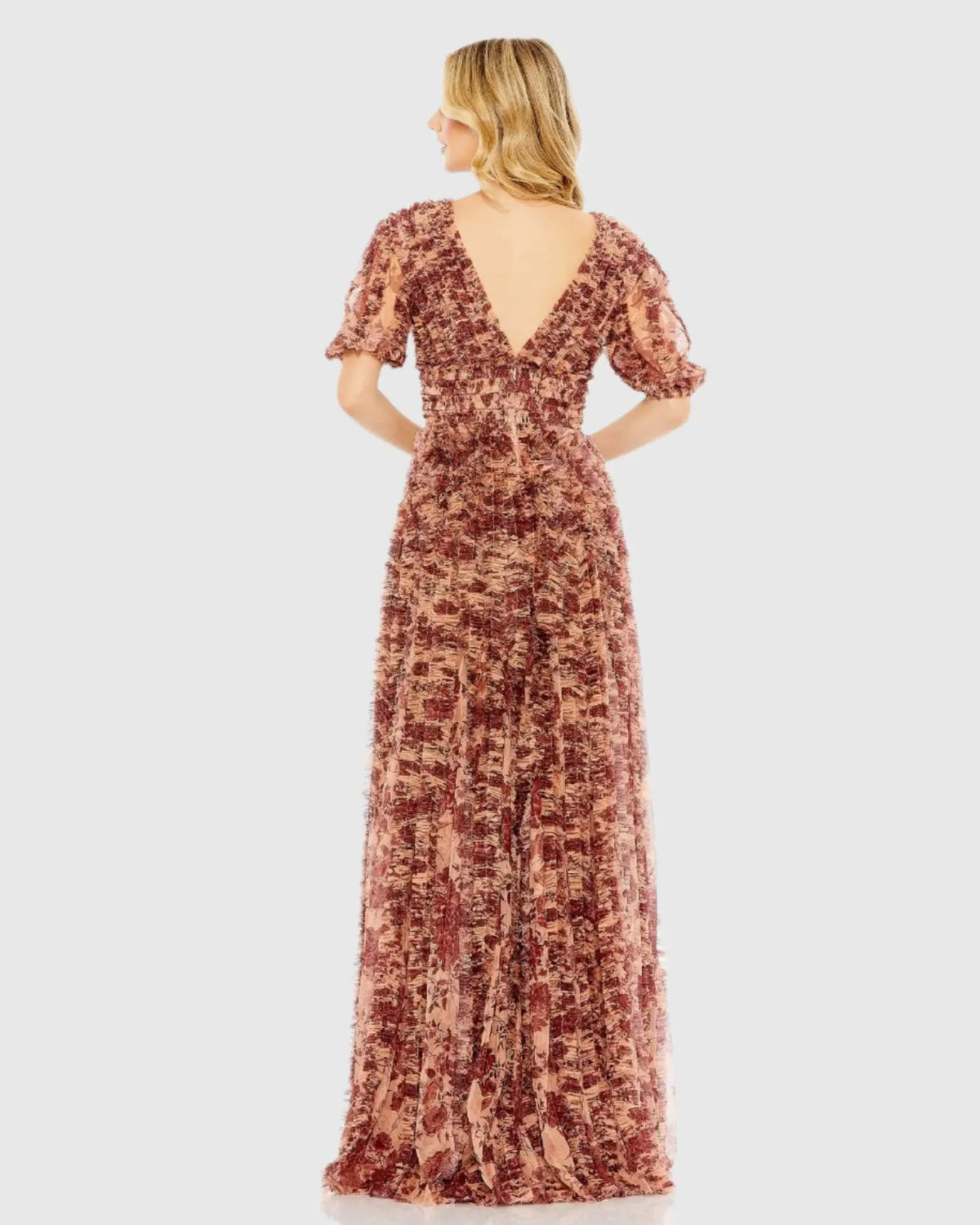 Mesh V-Neck Floral Dress - Beige