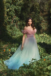 Multicolor Off The Shoulder Ombre Tulle Ballgown - Pink