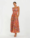 Mac Duggal Multicolor Floral Mesh Ruffle V Neck Ankle Dress #8303