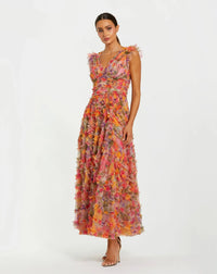 Mac Duggal Multicolor Floral Mesh Ruffle V Neck Ankle Dress #8303