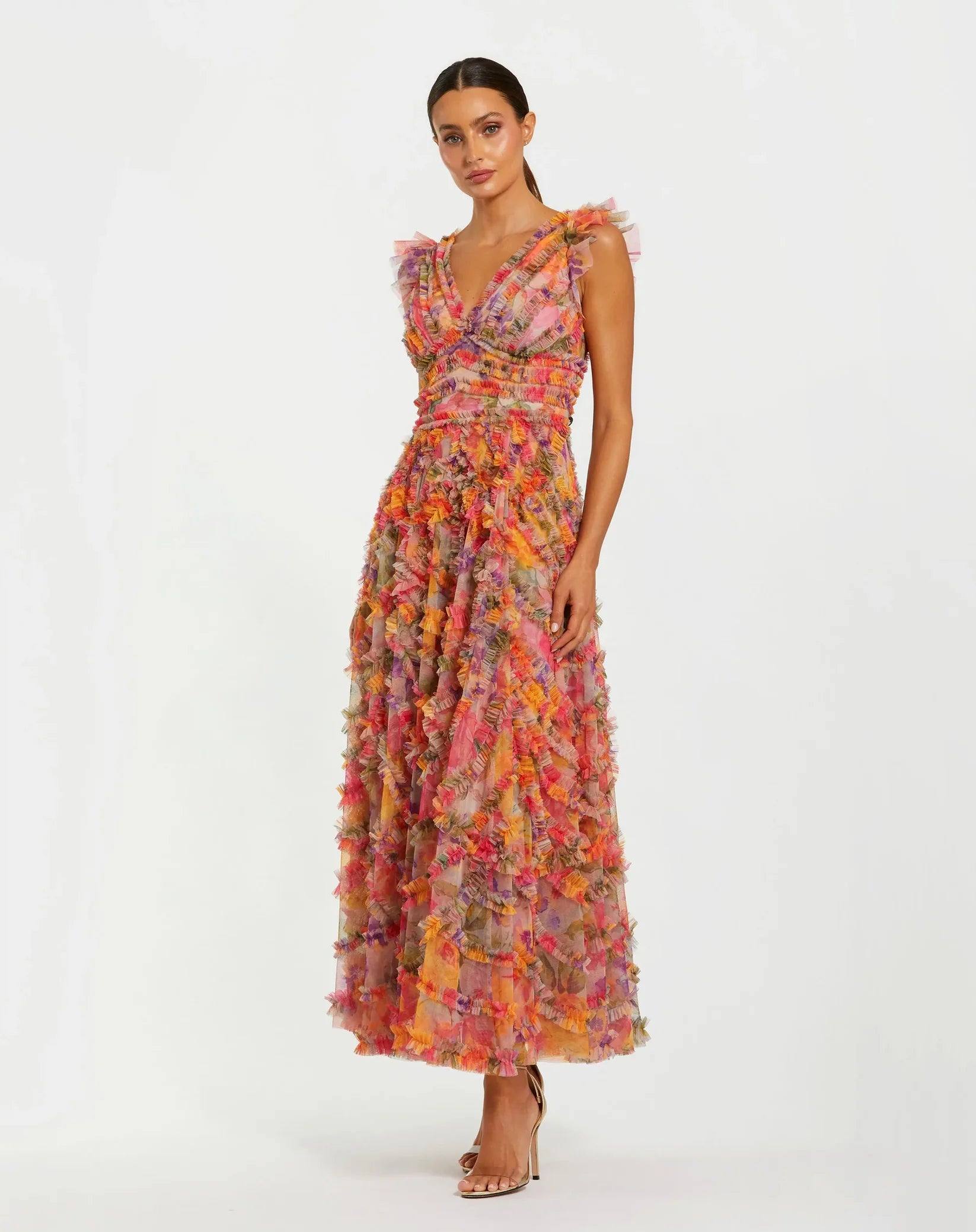 Mac Duggal Multicolor Floral Mesh Ruffle V Neck Ankle Dress #8303