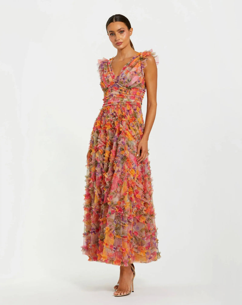 Mac Duggal Multicolor Floral Mesh Ruffle V Neck Ankle Dress #8303