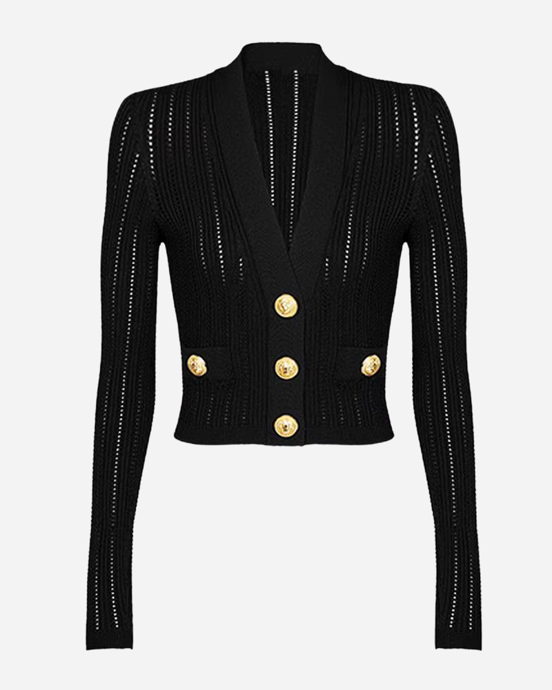 Natalyska Black V Neck Long Sleeve Gold Button Detail Cardigan