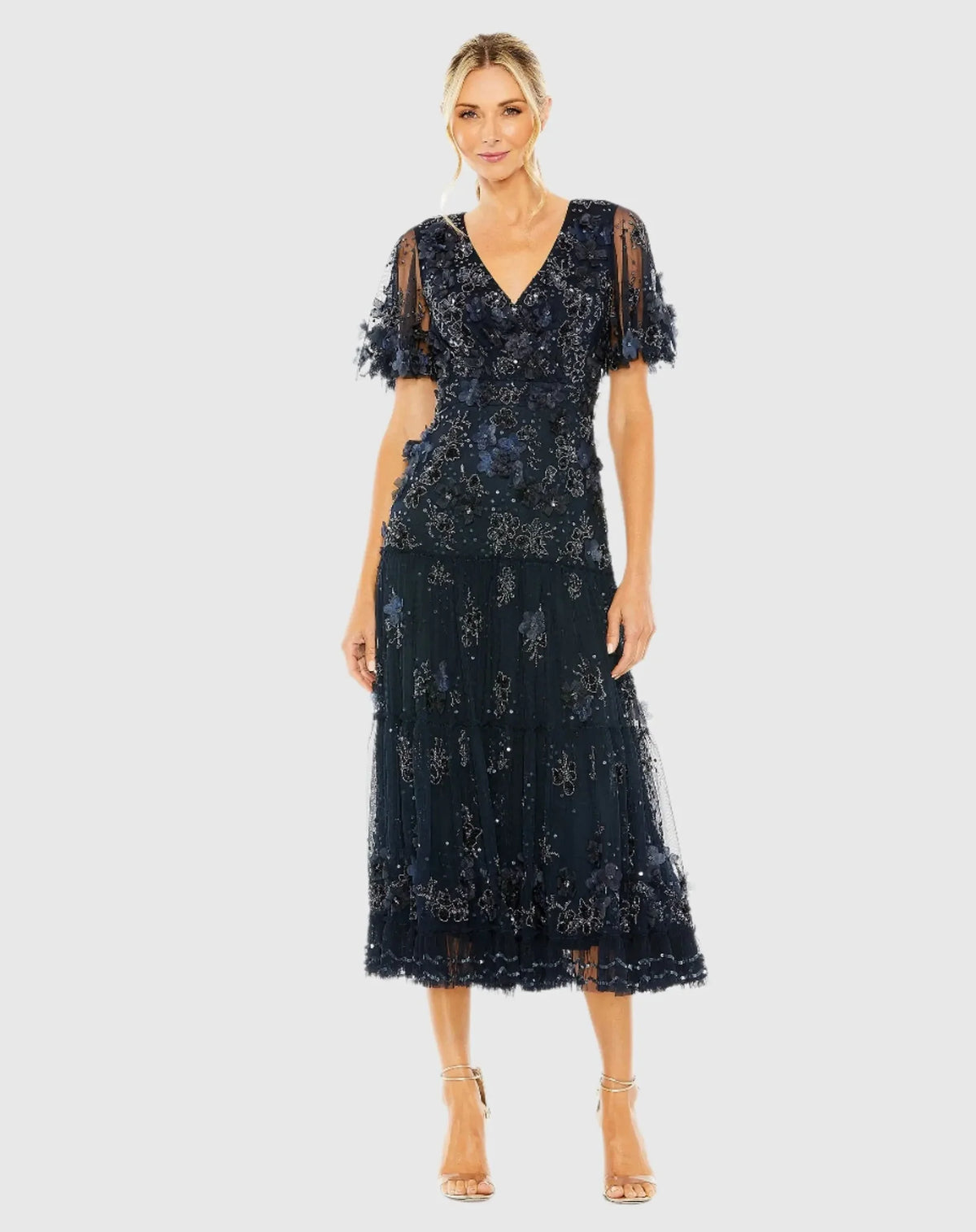 Mac Duggal Floral Embellished Flutter Sleeve Tiered Dress Midnight Blue #9207