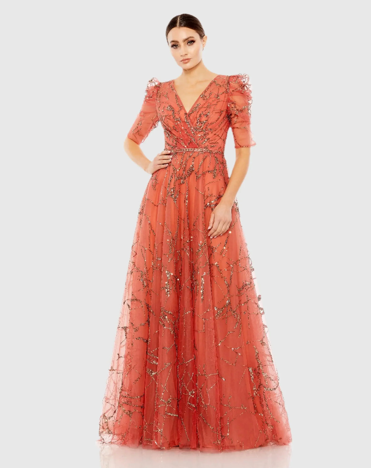 Mac Duggal Orange Embellished Gathered Puff Sleeve Faux Wrap Gown #20428 Cinnamon Orange