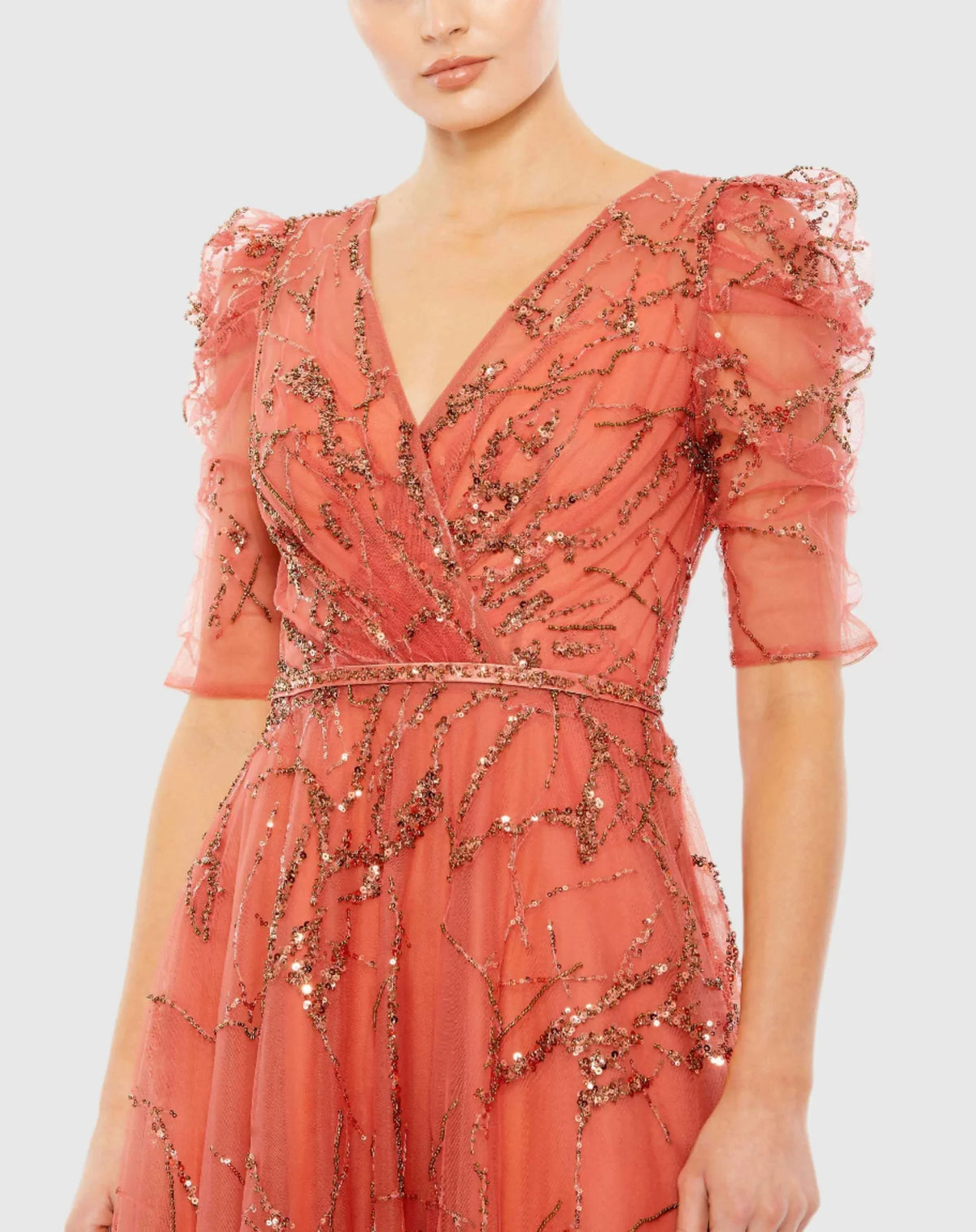 EmbellishedPuff Sleeve Gown - Orange