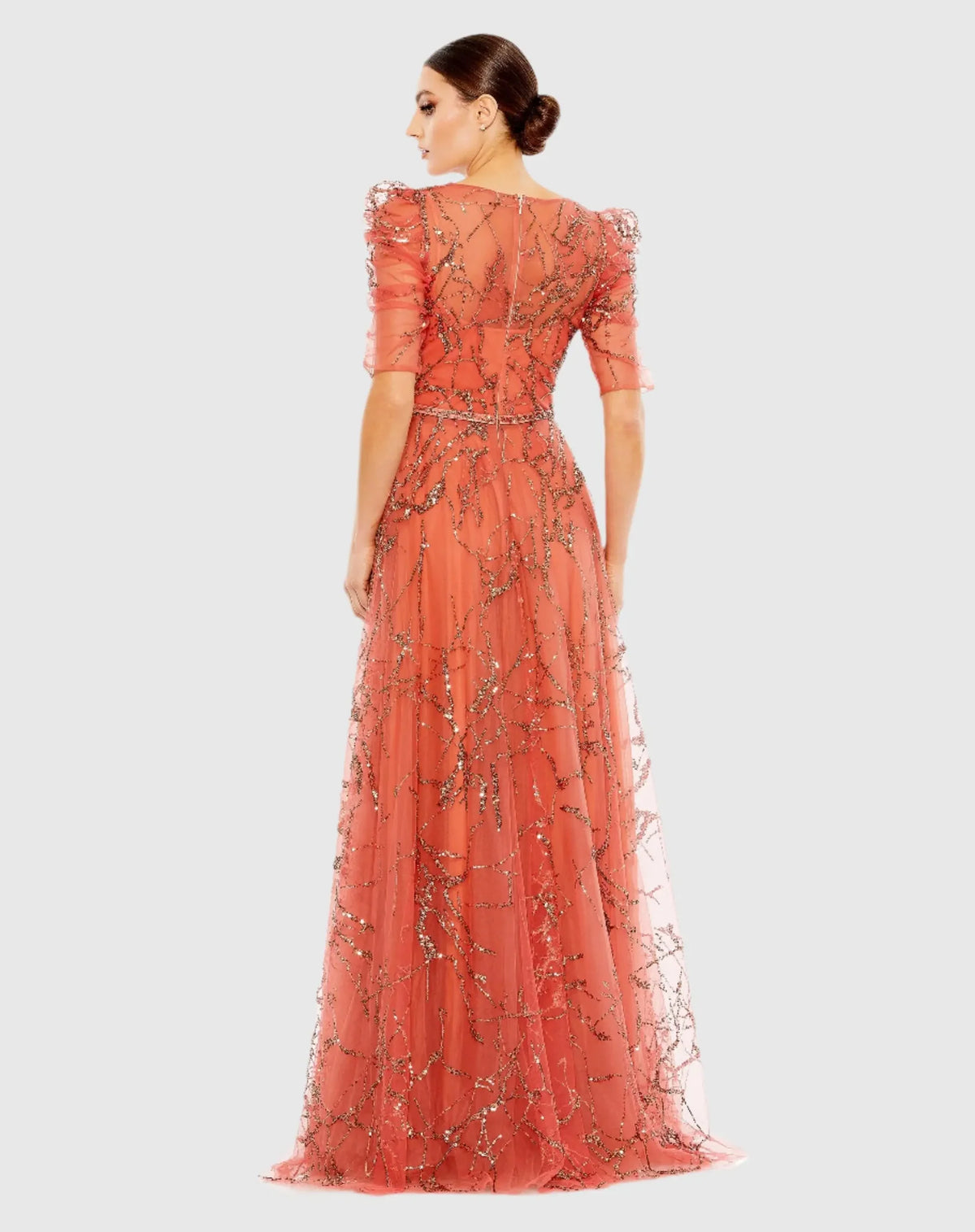 EmbellishedPuff Sleeve Gown - Orange