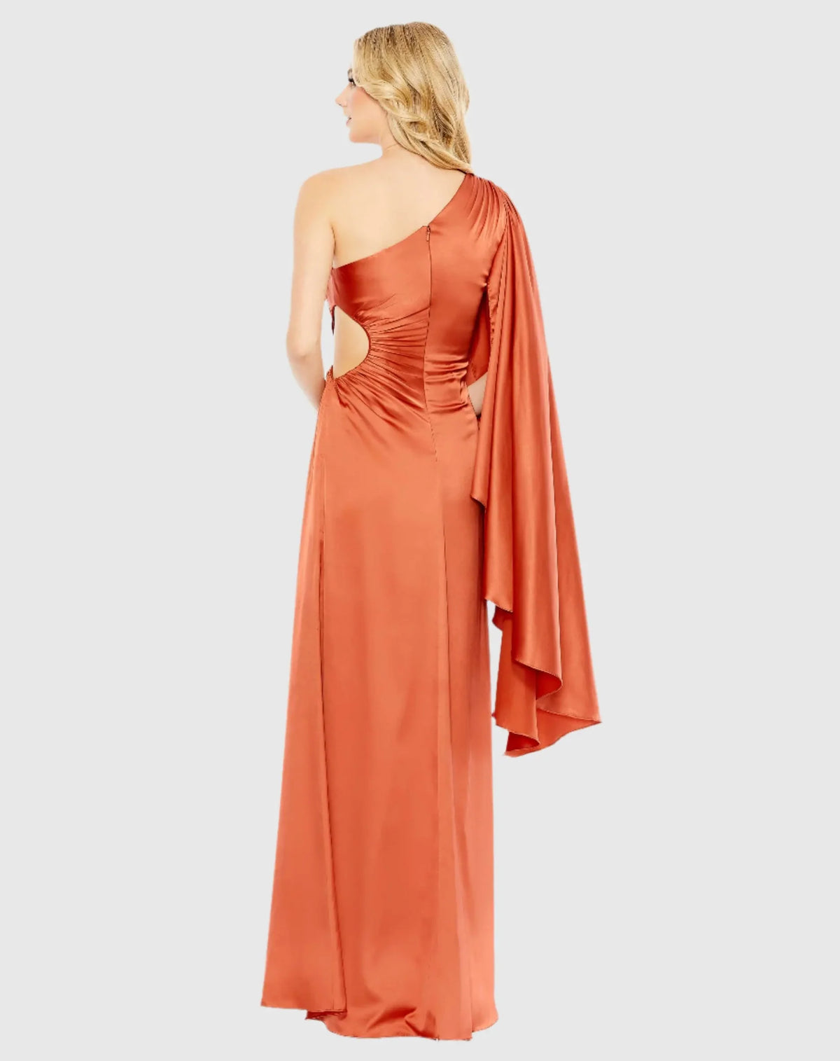 One Shoulder Bell Sleeve Draped Gown - Rust