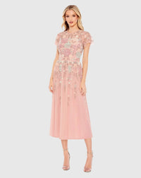 Mac Duggal Pink Embellished Illusion High Neck Butterfly Sleeve Midi Dress #9134 Dusty Rose 