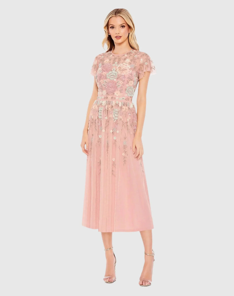 Mac Duggal Pink Embellished Illusion High Neck Butterfly Sleeve Midi Dress #9134 Dusty Rose 