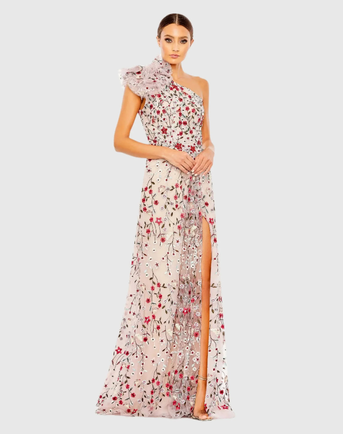 Mac Duggal Pink Embellished One Shoulder A Line Floral Gown #20331 Rose Multi