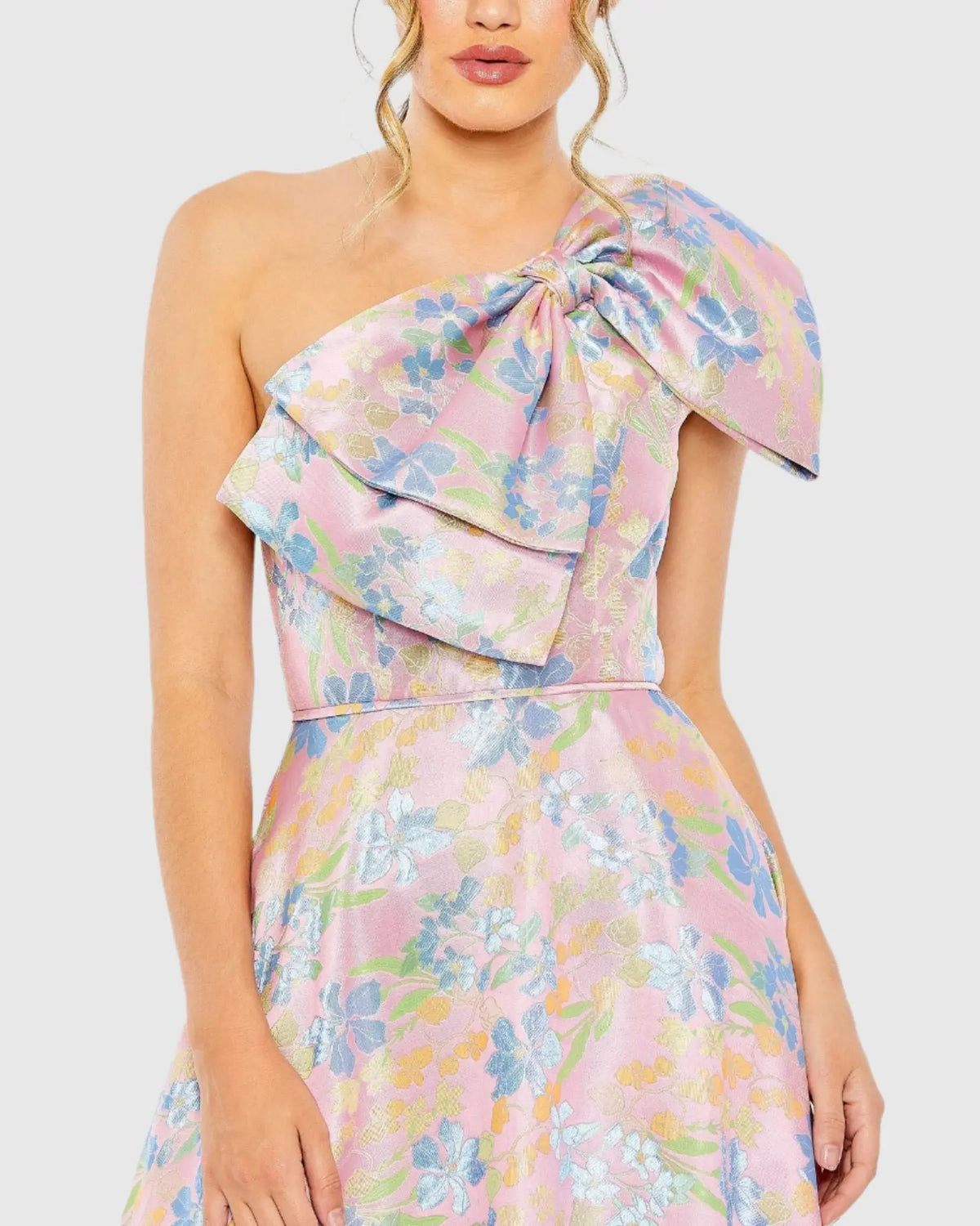 One Shoulder Embroidered Floral Gown - Pink