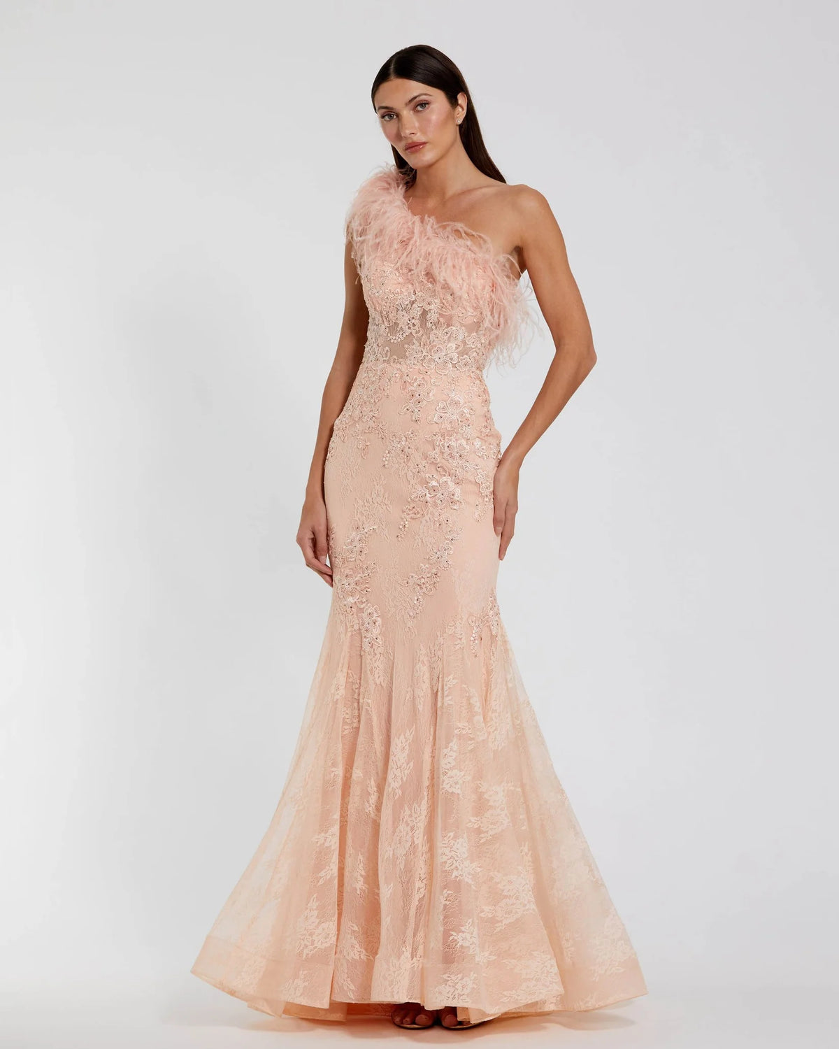 Mac Duggal Pink One Shoulder Feather Embellished Mermaid Gown #79451 Peach
