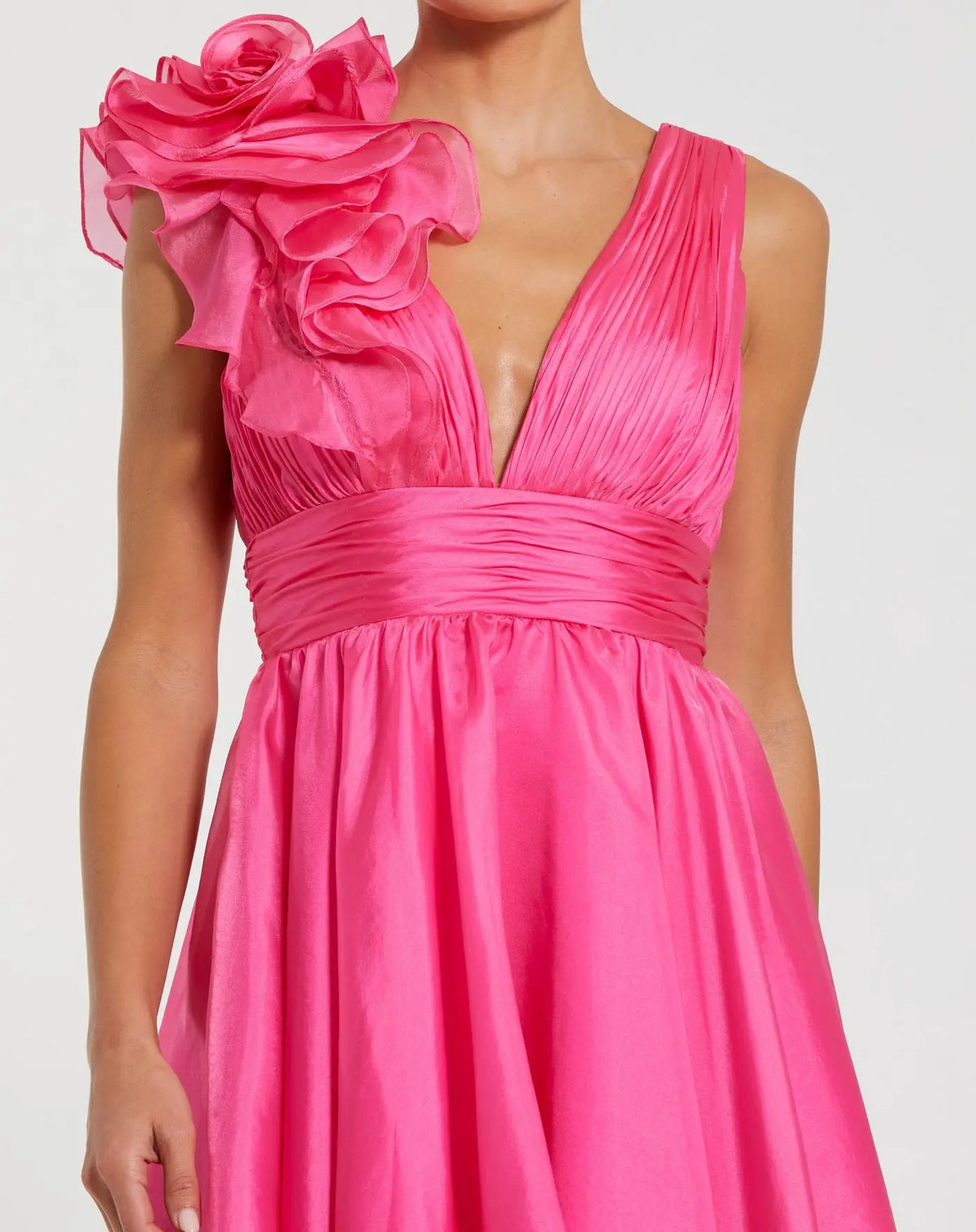 Ruffle shoulder empire waist mini dress - Hot Pink