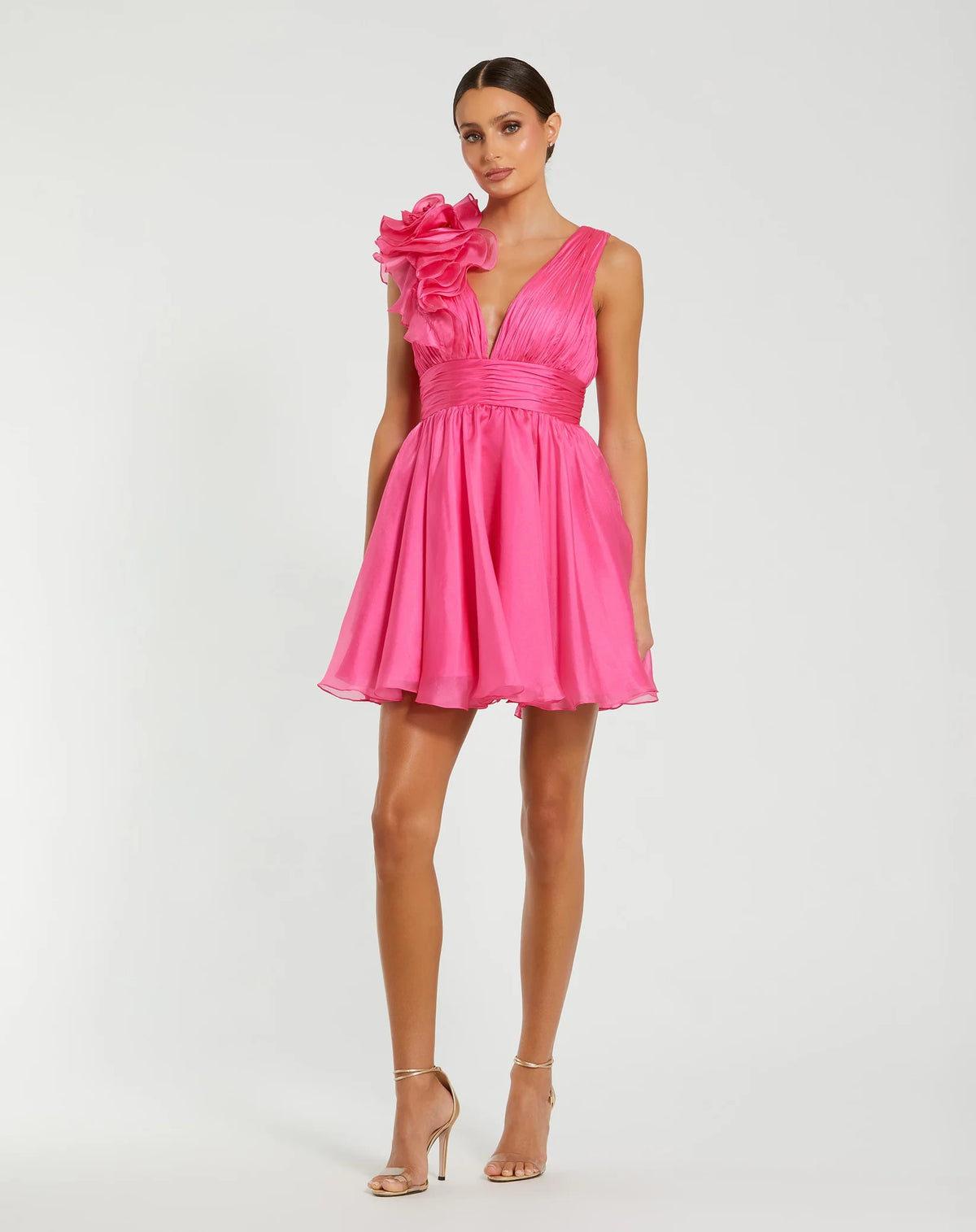 Mac Duggal #48952 Ruffle shoulder empire waist mini dress -Hot Pink