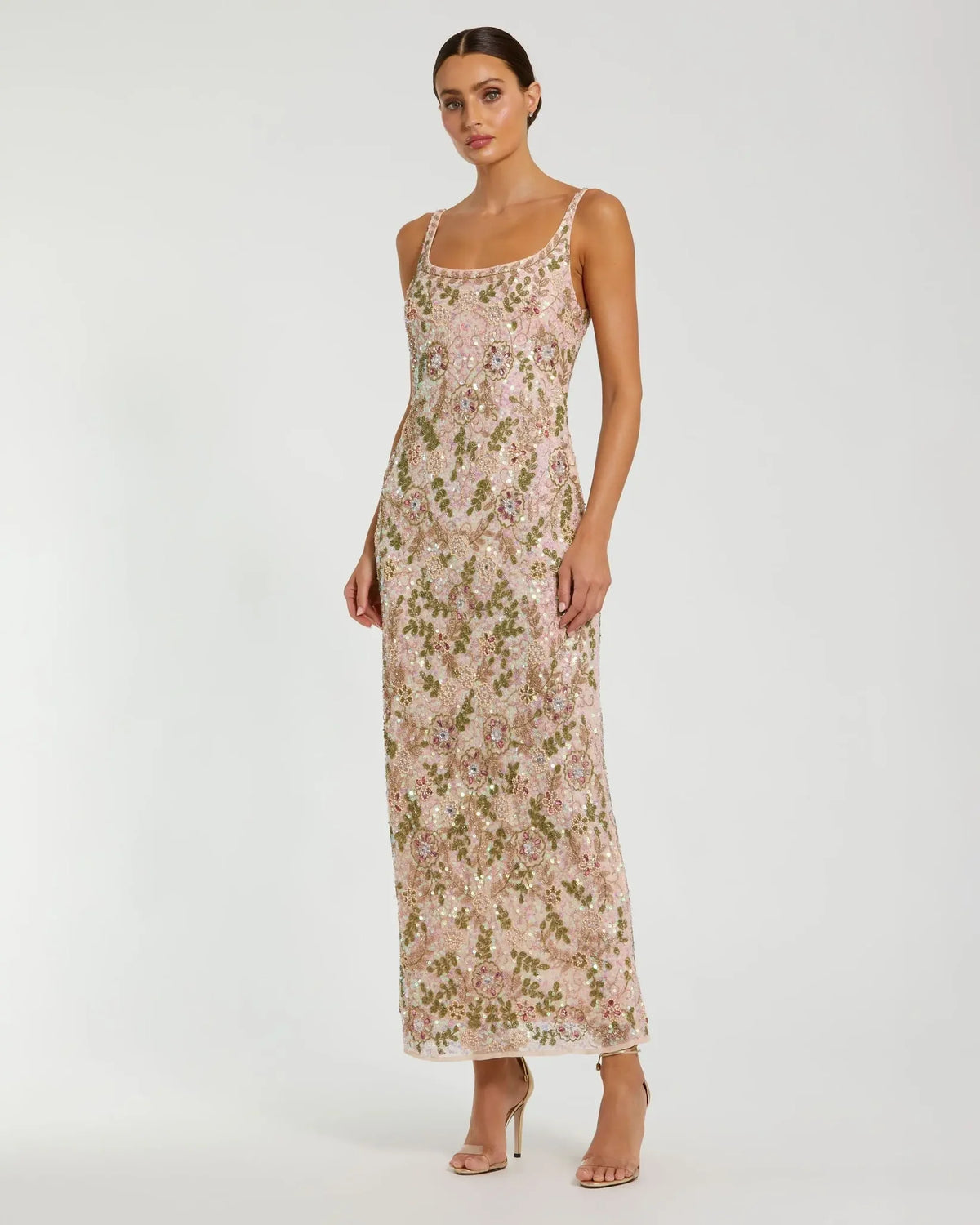 Mac Duggal Pink Sleeveless Hand Beaded Floral Midi Dress Nude Multi #10755